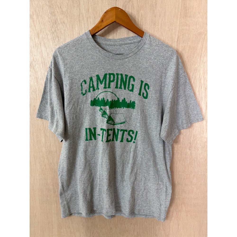 Camping Is In-Tents Funny Graphic T-Shirt Gray Green Pun Mens Large